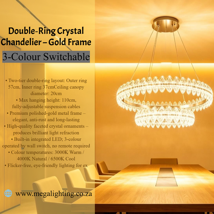 MG‑2628‑4.8 double‑ring crystal chandelier polished gold‑frame 57+37cm 3‑colour switchable adjustable‑110cm MEGA LIGHTING South Africa