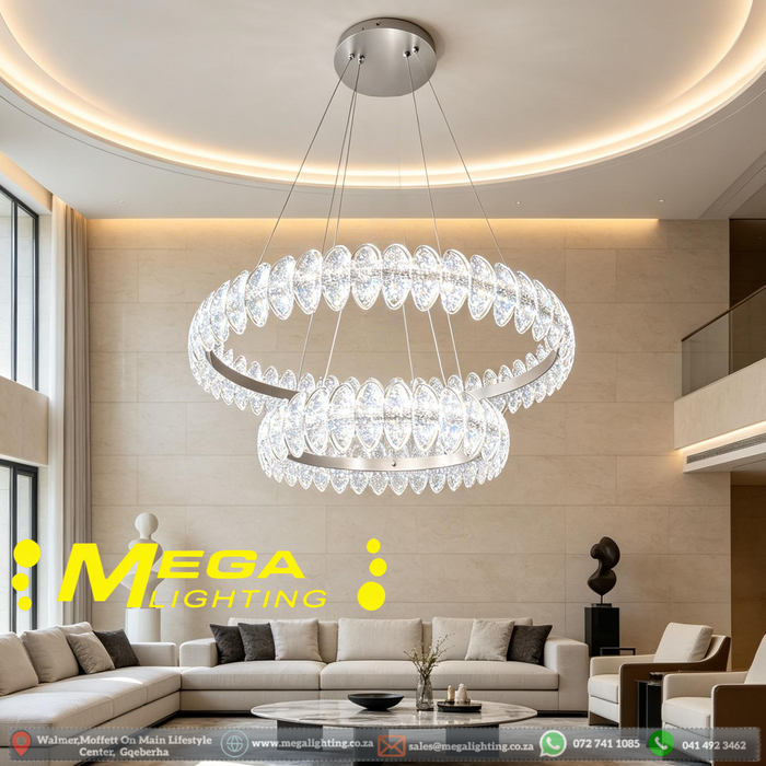 MG‑2628‑4.8 double‑ring crystal chandelier polished gold‑frame 57+37cm 3‑colour switchable adjustable‑110cm MEGA LIGHTING South Africa