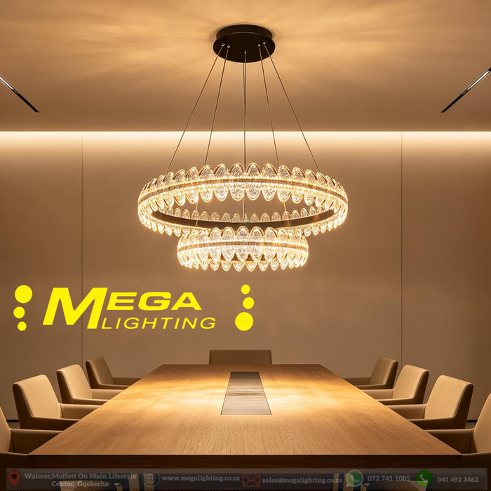 MG‑2628‑4.8 double‑ring crystal chandelier polished gold‑frame 57+37cm 3‑colour switchable adjustable‑110cm MEGA LIGHTING South Africa