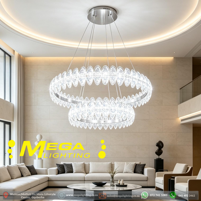 MG‑2628‑4.8 double‑ring crystal chandelier polished gold‑frame 57+37cm 3‑colour switchable adjustable‑110cm MEGA LIGHTING South Africa