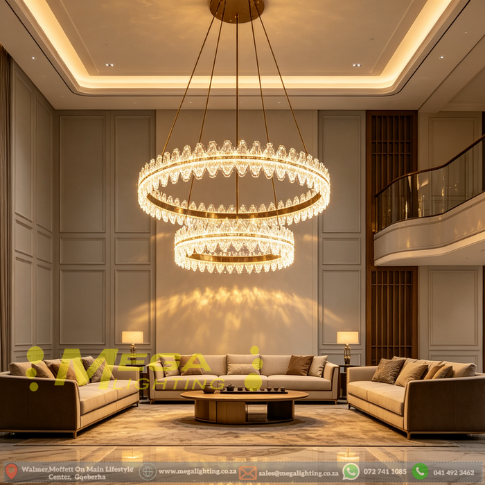 MG‑2628‑4.8 double‑tier gold crystal chandelier 57cm+37cm rings adjustable height MEGA LIGHTING South Africa