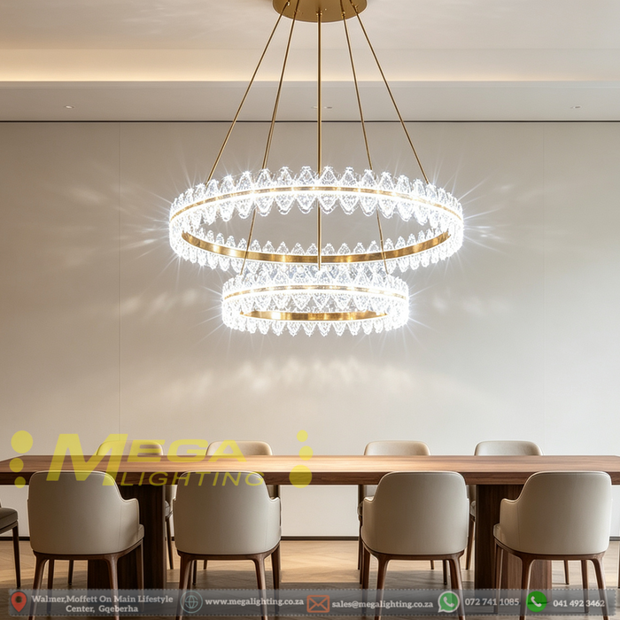 MG‑2628‑4.8 double‑tier gold crystal chandelier 57cm+37cm rings adjustable height MEGA LIGHTING South Africa