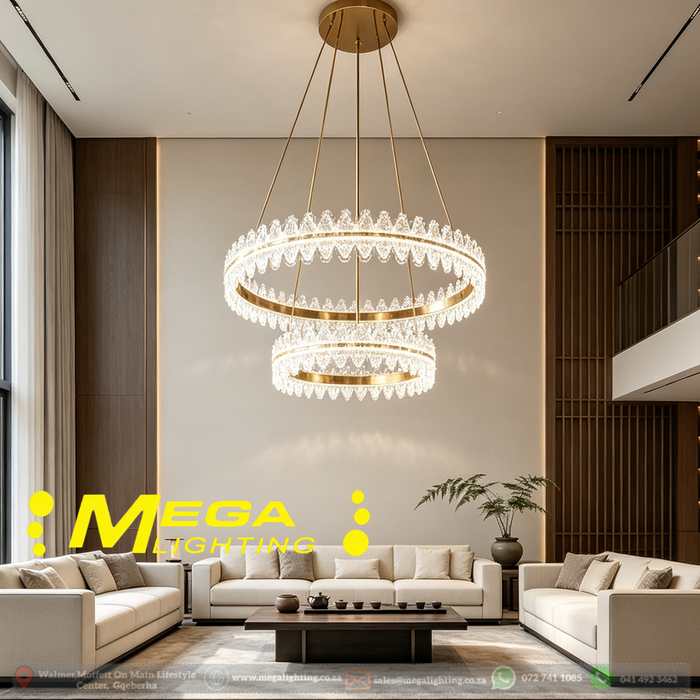 MG‑2628‑4.8 double‑tier gold crystal chandelier 57cm+37cm rings adjustable height MEGA LIGHTING South Africa