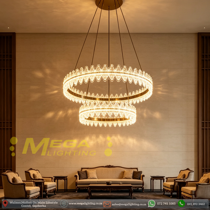 MG‑2628‑4.8 double‑tier gold crystal chandelier 57cm+37cm rings adjustable height MEGA LIGHTING South Africa