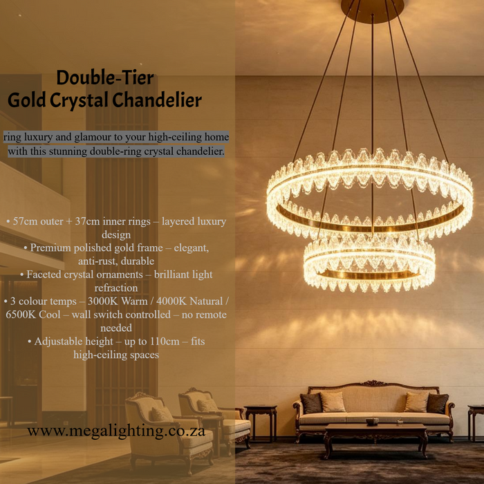 MG‑2628‑4.8 double‑tier gold crystal chandelier 57cm+37cm rings adjustable height MEGA LIGHTING South Africa