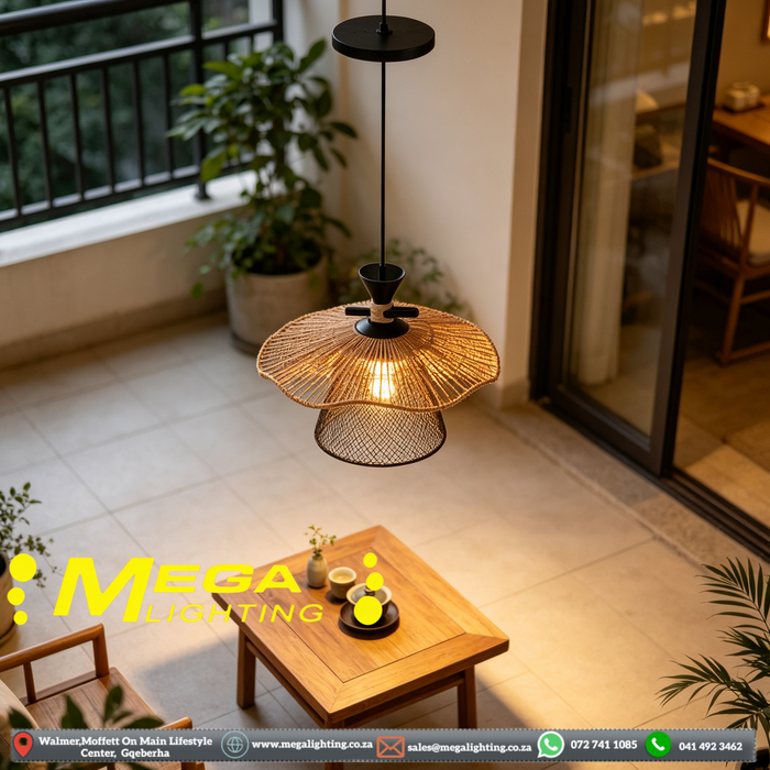 MEG+M251 dual‑layer rattan pendant light, natural rattan outer dark mesh inner shade 30cm adjustable 100cm cord MEGA LIGHTING South Africa