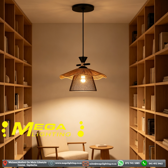MEG+M251 dual‑layer rattan pendant light, natural rattan outer dark mesh inner shade 30cm adjustable 100cm cord MEGA LIGHTING South Africa