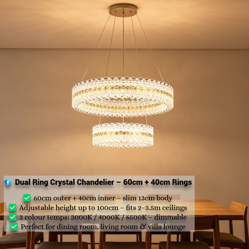 2-tier dual ring crystal LED chandelier with 60cm outer ring and 40cm inner ring, 100cm adjustable height 3-colour dimmable 3000K 4000K 6500K luxury hanging lamp for dining room living room villa lounge, MEGA LIGHTING South Africa
