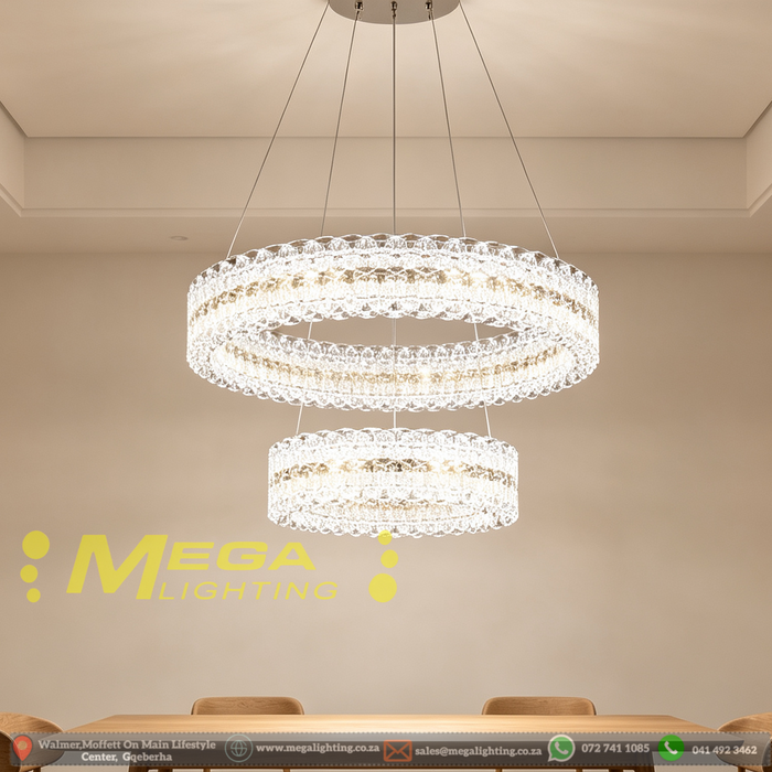 2-tier dual ring crystal LED chandelier with 60cm outer ring and 40cm inner ring, 100cm adjustable height 3-colour dimmable 3000K 4000K 6500K luxury hanging lamp for dining room living room villa lounge, MEGA LIGHTING South Africa