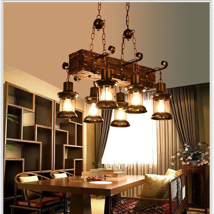 E27 American Industrial Solid Wood Chandelier Retro Wood Black 55×100cm Restaurant Bar Café Light South Africa