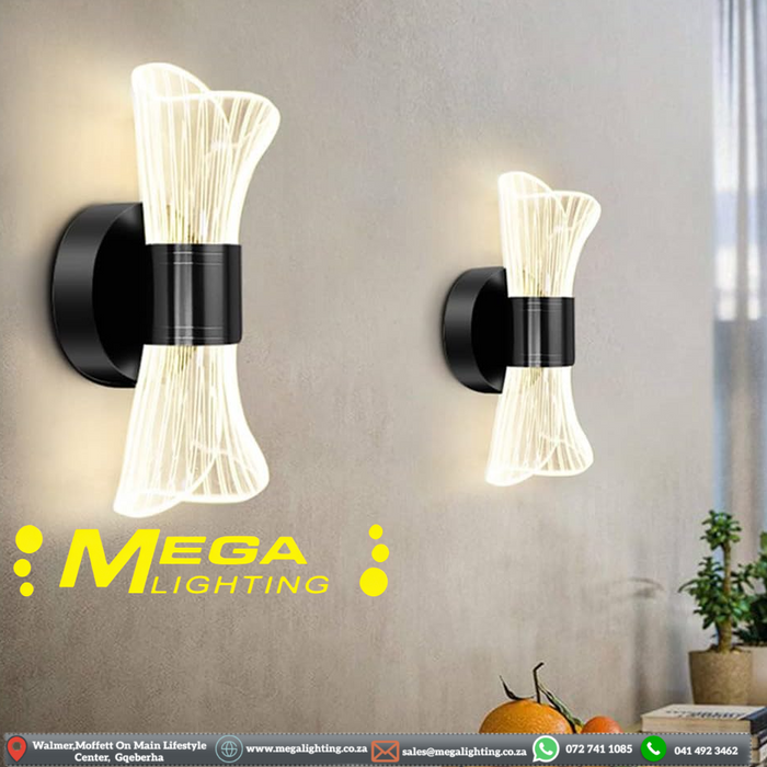 Elegant Modern Indoor Wall Light – Hour‑Glass Shape | 3‑Colour Change (3000K/4000K/6000K) | 12W | Black Metal + Acrylic for Bedroom, Living Room & Hallway | MEGA LIGHTING South Africa