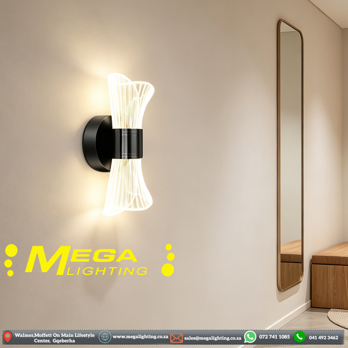 Elegant Modern Indoor Wall Light – Hour‑Glass Shape | 3‑Colour Change (3000K/4000K/6000K) | 12W | Black Metal + Acrylic for Bedroom, Living Room & Hallway | MEGA LIGHTING South Africa