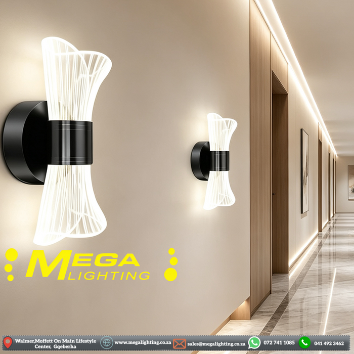 Elegant Modern Indoor Wall Light – Hour‑Glass Shape | 3‑Colour Change (3000K/4000K/6000K) | 12W | Black Metal + Acrylic for Bedroom, Living Room & Hallway | MEGA LIGHTING South Africa