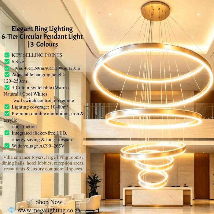Modern Multi-Ring LED Spiral Chandelier | 6 Rings 20–120cm | 3 Colour Temperature 3000K/4000K/6500K | Adjustable Pendant Light for Staircase, Lobby & High Ceiling | MEGA LIGHTING South Africa