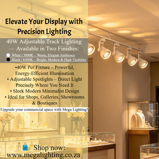 40W LED track light white 3000K and black 6500K adjustable retail spotlight for shop display, MEGA LIGHTING South Africa