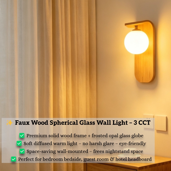 Artistic faux wood spherical glass wall light with curved wood panel and milky glass globe, warm 3000K glow for bedroom bedside.