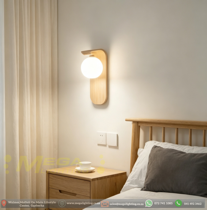 Artistic faux wood spherical glass wall light with curved wood panel and milky glass globe, warm 3000K glow for bedroom bedside.