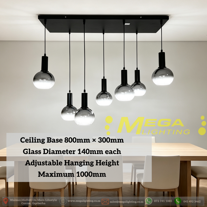 7-Light Smoke Gradient Glass Pendant Light | Matte Black Linear Chandelier | Adjustable Height up to 1m | 800x300mm Base | E27 Bulbs for Dining Room, Kitchen Island & Living Room | MEGA LIGHTING South Africa
