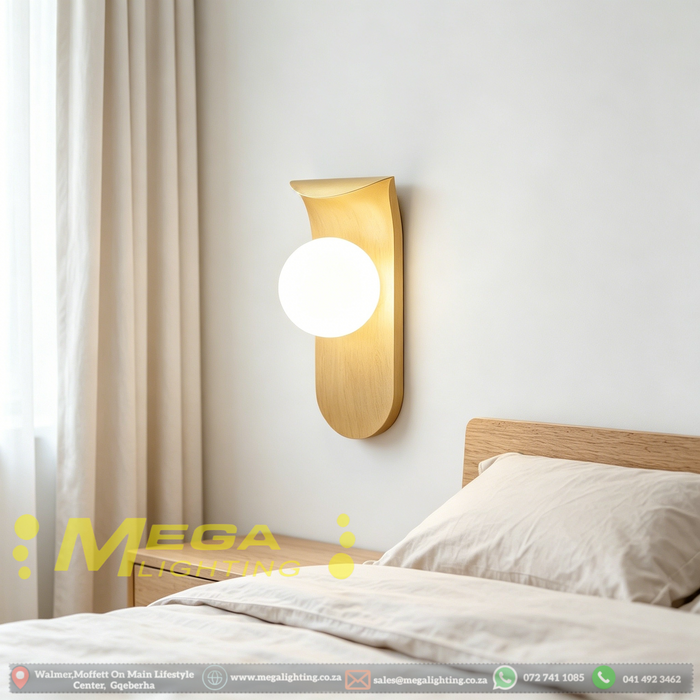 Gold Metal Faux Wood Spherical Glass Wall Light | 3-CCT Dimmable (3000K/4000K/6500K) | Frosted Opal Glass Globe | Premium Gold Backplate for Bedroom Bedside, Guest Room & Hotel Headboard | MEGA LIGHTING South Africa