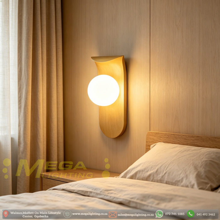 Gold Metal Faux Wood Spherical Glass Wall Light | 3-CCT Dimmable (3000K/4000K/6500K) | Frosted Opal Glass Globe | Premium Gold Backplate for Bedroom Bedside, Guest Room & Hotel Headboard | MEGA LIGHTING South Africa