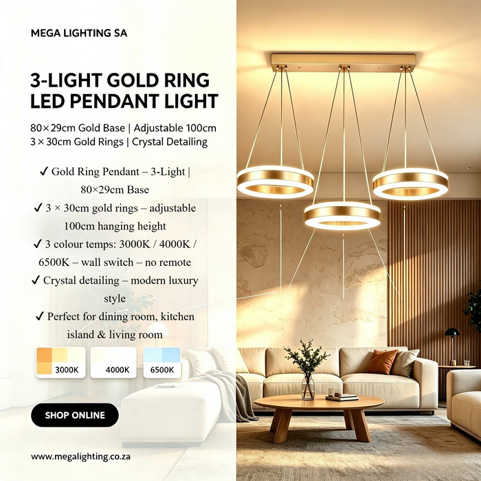 3-light gold LED pendant light, modern chandelier with three circular rings, adjustable hanging wires, 3000K/4000K/6500K dimmable light, MEGA LIGHTING South Africa

