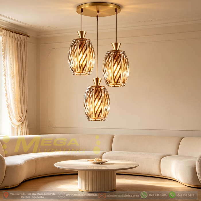Golden glass 3-light pendant light with brown transparent glass shades, 25cm ceiling base, adjustable height 100cm, 3 E27 sockets, modern hanging light for dining room kitchen island, MEGA LIGHTING South Africa
