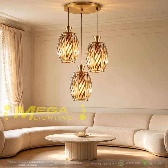 Golden glass 3-light pendant light with brown transparent glass shades, 25cm ceiling base, adjustable height 100cm, 3 E27 sockets, modern hanging light for dining room kitchen island, MEGA LIGHTING South Africa