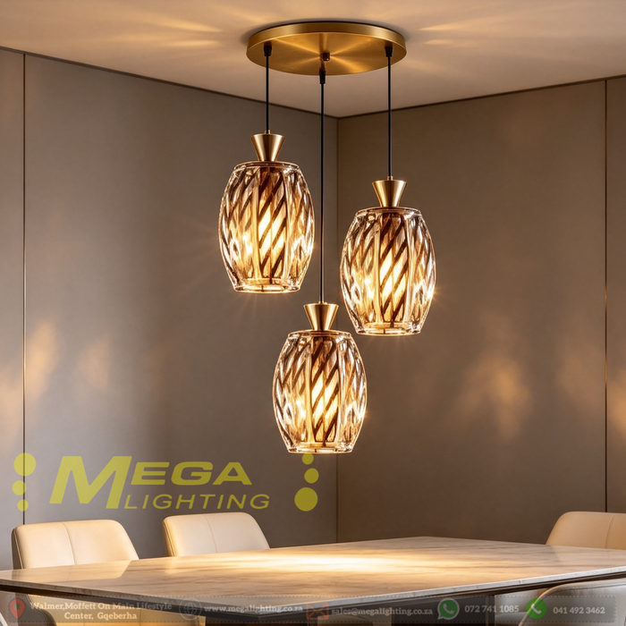 Golden glass 3-light pendant light with brown transparent glass shades, 25cm ceiling base, adjustable height 100cm, 3 E27 sockets, modern hanging light for dining room kitchen island, MEGA LIGHTING South Africa