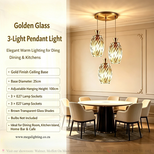Golden glass 3-light pendant light with brown transparent glass shades, 25cm ceiling base, adjustable height 100cm, 3 E27 sockets, modern hanging light for dining room kitchen island, MEGA LIGHTING South Africa