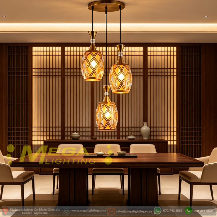 olden pattern glass 3-light cluster pendant light, 25cm ceiling base, 100cm adjustable height, 3 E27 sockets modern hanging lamp for dining room kitchen island home bar, MEGA LIGHTING South Africa