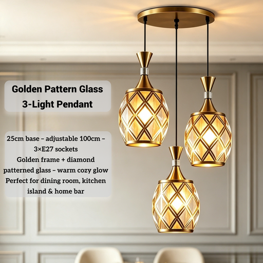 olden pattern glass 3-light cluster pendant light, 25cm ceiling base, 100cm adjustable height, 3 E27 sockets modern hanging lamp for dining room kitchen island home bar, MEGA LIGHTING South Africa