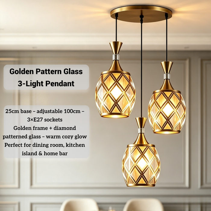 olden pattern glass 3-light cluster pendant light, 25cm ceiling base, 100cm adjustable height, 3 E27 sockets modern hanging lamp for dining room kitchen island home bar, MEGA LIGHTING South Africa