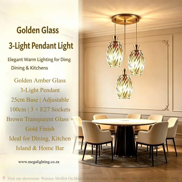 Golden glass 3-light pendant light with brown transparent glass shades, 25cm ceiling base, adjustable height 100cm, 3 E27 sockets, modern hanging light for dining room kitchen island, MEGA LIGHTING South Africa