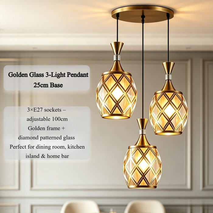 Golden & Amber Glass 3-Light Cluster Pendant Light – 25cm Base | Adjustable 100cm | 3 × E27 Sockets | Diamond Patterned Glass for Dining Room, Kitchen Island & Home Bar | MEGA LIGHTING South Africa