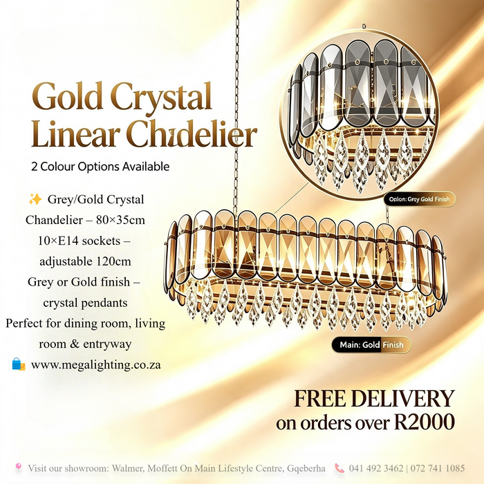 Main product image: Grey Gold Dual Finish Rectangular Crystal Chandelier 80×35cm 10 E14 MEGA LIGHTING South Africa
