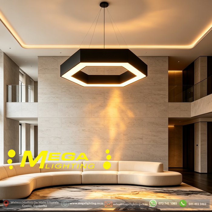 MG‑GH2621 hexagonal LED pendant light 60×52cm matte‑black adjustable 100cm height MEGA LIGHTING South Africa