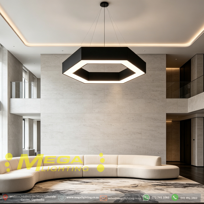 MG‑GH2621 hexagonal LED pendant light 60×52cm matte‑black adjustable 100cm height MEGA LIGHTING South Africa