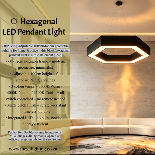 MG‑GH2621 hexagonal LED pendant light 60×52cm matte‑black adjustable 100cm height MEGA LIGHTING South Africa