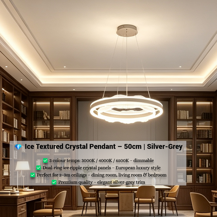 50cm dual-ring ice textured crystal pendant light, 3-color temperature dimmable luxury LED hanging lamp, silver-grey modern ceiling light for living room dining room bedroom, MEGA LIGHTING South Africa