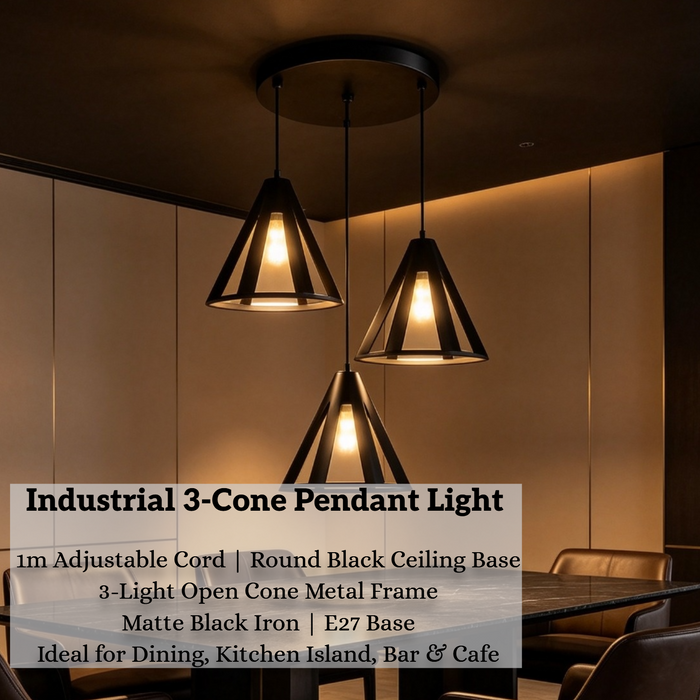 Industrial 3-cone linear pendant light with geometric open cone metal frame, 1m adjustable hanging wire and round black ceiling base, modern industrial hanging lamp for dining table kitchen island bar counter, MEGA LIGHTING South Africa