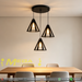 Industrial 3-cone linear pendant light with geometric open cone metal frame, 1m adjustable hanging wire and round black ceiling base, modern industrial hanging lamp for dining table kitchen island bar counter, MEGA LIGHTING South Africa