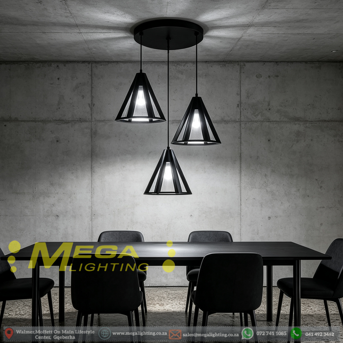 Industrial 3-cone linear pendant light with geometric open cone metal frame, 1m adjustable hanging wire and round black ceiling base, modern industrial hanging lamp for dining table kitchen island bar counter, MEGA LIGHTING South Africa