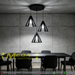 Industrial 3-cone linear pendant light with geometric open cone metal frame, 1m adjustable hanging wire and round black ceiling base, modern industrial hanging lamp for dining table kitchen island bar counter, MEGA LIGHTING South Africa