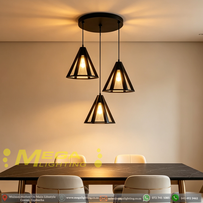 Industrial 3-cone linear pendant light with geometric open cone metal frame, 1m adjustable hanging wire and round black ceiling base, modern industrial hanging lamp for dining table kitchen island bar counter, MEGA LIGHTING South Africa