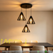 Industrial 3-cone linear pendant light with geometric open cone metal frame, 1m adjustable hanging wire and round black ceiling base, modern industrial hanging lamp for dining table kitchen island bar counter, MEGA LIGHTING South Africa