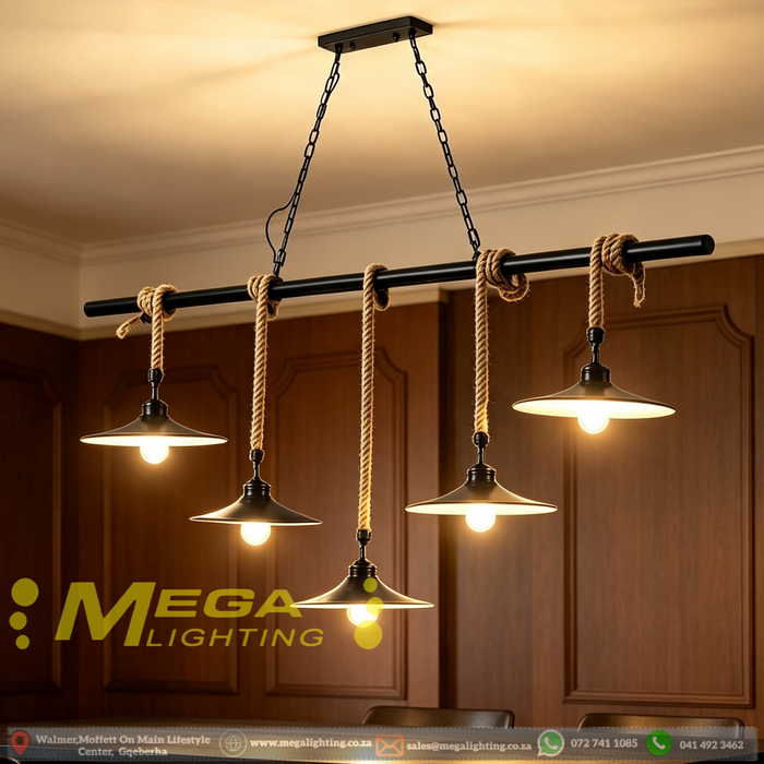 Rustic Industrial Barn-Style 5-Light Linear Pendant Light, 150cm metal bar equipped with black barn shades & natural hemp rope, 80–150cm adjustable height 5×E27 hanging lamp for dining room kitchen island bar cafe, MEGA LIGHTING South Africa