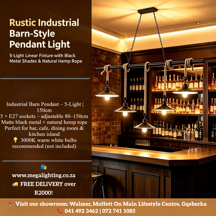 Rustic Industrial Barn-Style 5-Light Linear Pendant Light, 150cm metal bar equipped with black barn shades & natural hemp rope, 80–150cm adjustable height 5×E27 hanging lamp for dining room kitchen island bar cafe, MEGA LIGHTING South Africa