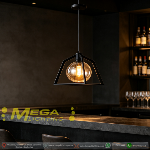 Industrial geometric black metal cage amber glass pendant light, 30cm frame vintage E27 hanging lamp with 100cm adjustable cord for dining table kitchen island bar cafe, MEGA LIGHTING South Africa