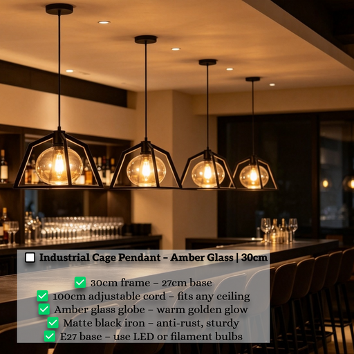 Industrial geometric black metal cage amber glass pendant light, 30cm frame vintage E27 hanging lamp with 100cm adjustable cord for dining table kitchen island bar cafe, MEGA LIGHTING South Africa