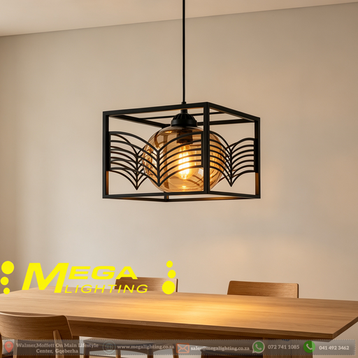 MG‑M252 industrial cube pendant light 23×23cm matte‑black leaf‑cutout cage frame amber smoked‑glass globe adjustable 100cm cord MEGA LIGHTING South Africa
